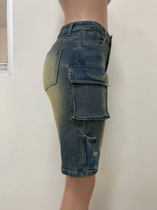 Shorts de mezclilla lavada de alta calidad con cordones, ajustados, de tiro medio, rectos, estilo vintage con botones, para salir en verano, para mujer, Sehe Fashion - Product Image 3