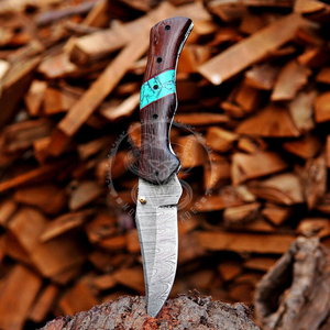 High Quality Damascus Steel Pocket Folding Knife Handmade Outdoor Foldable Knife with Wooden Handle for Hiking and <b>Camping</b> - Product Image 4