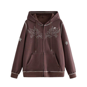 Beige All Over Rhinestone Star Cotton Fleece Full Zip up Men's Hoodies Minimal Street wear Neutral Tone Customization USA - Product Image 4