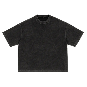 T-shirt en coton tricoté noir surdimensionné pour homme, manches courtes, col rond, style décontracté, couleur unie, teinture unie - Product Image 1