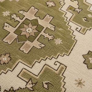 Tapis en laine vert sauge ivoire à motif médaillon, tapis à motif diamant architectural, bordure étoilée, antidérapant, écologique, pour boutique - Product Image 3