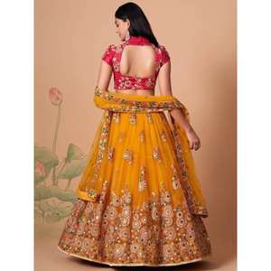 Impresionante ropa de recepción de red de trabajo de espejo amarillo Lehenga Choli - Product Image 3