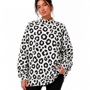 Suéter de Cuello Alto Extra Grande para Mujer, Estilo Otoñal, Estampado de Leopardo, Manga Larga, Tejido de Punto, con Bolsillos - Product Image 1