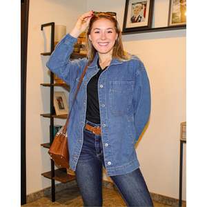 Chaqueta vaquera con botones de gran tamaño para mujer, chaqueta vaquera con estampado de dobladillo con abertura de manga larga con bolsillo, chaqueta vaquera lavada, 2025 - Product Image 3