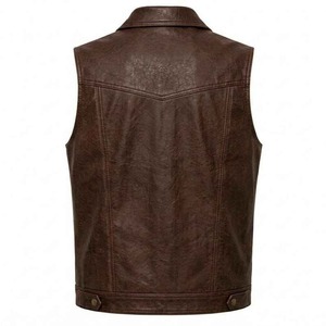 Chaleco sin mangas de cuero genuino para hombre, cuello vuelto, cierre de botones, estilo motociclista, ropa exterior de otoño - Product Image 6