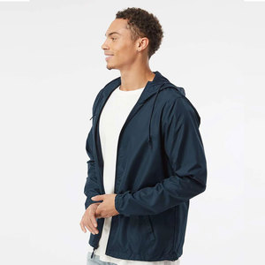 Veste coupe-vent à capuche pour homme, marine, décontractée, respirante, en polyester, vêtement d'extérieur pour le printemps, couleur unie, fermeture éclair sur le devant - Product Image 2