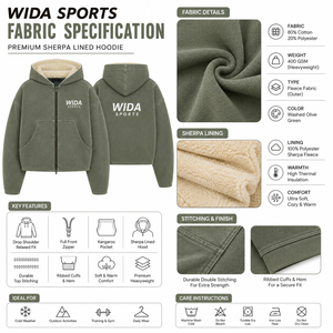 WIDA SPORTS Olive Green Hooded Zip-Up Crop <b>Jacket</b> <b>Fleece</b> <b>Lined</b> Oversized Casual Unisex Winter Sweatshirt - Product Image 6