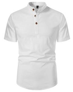 Chemise tendance homme 2023 à col montant, décontractée, en polyester/coton tricoté, manches courtes, couleur unie, coupe ample, été - Product Image 4