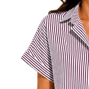 Camisa Corta a Rayas Blancas y Borgoña Personalizada para Mujer, con Logotipo Bordado, Manga Corta, Cierre de Botones, Blusa Casual de Verano, OEM - Product Image 3