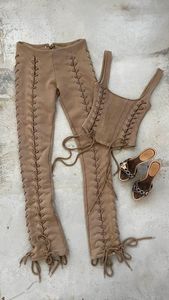 Trendy Ribbed Lace-Up Eyelet Crop Top and High Waist Cut-Out Skinny Trouser Set Women <b>Sexy</b> Two Piece <b>Club</b> Matching Set - Product Image 3