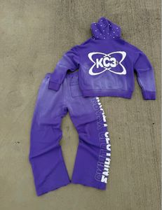 ชุดเสื้อฮู้ดสองชิ้นสีม่วง KC3 แขนยาวทรงหลวม ผ้าฝ้ายฟลีซ 100% สวมใส่สบายทุกฤดู ชุดกีฬาผู้หญิง - Product Image 1