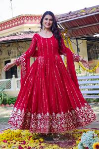 <b>Red</b> Faux Georgette Embroidered Anarkali Gown with Dupatta <b>Sequin</b> Floral Ethnic Wear for Wedding Party Diwali - Product Image 5