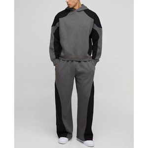 Ensemble de survêtement décontracté 2-en-1 pour homme, gris et noir, avec sweat à capuche oversize en polaire et pantalon de survêtement large assorti - Product Image 1