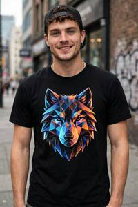 Camiseta de Manga Corta con Cuello Redondo para Hombre, Color Negro, Estampado Geométrico de Cabeza de Lobo, Sublimación, Transpirable, 100% Poliéster, Tejido Jersey - Product Image 2