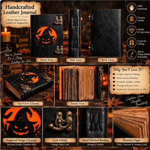 Journal en cuir fait main pour Halloween, motif citrouille sorcière ajouré, double fermeture, carnet gothique - Product Image 6