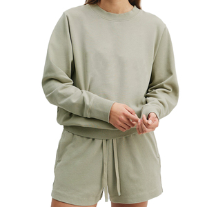 Newest Style Women's 2 Piece Sets 100% Cotton Fleece Solid Customize Drop Shoulder Short Sleeved Oversized Sweatshirt <b>Knee</b> - Product Image 2