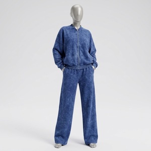 Conjunto Deportivo Unisex Azul de Algodón Lavado, Chaqueta con Cierre y Pantalones Anchos, Dos Piezas Casuales - Product Image 1