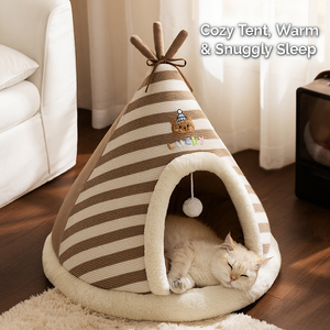 Cama Cálida de Invierno para Gatos, Tienda de Campaña Tipo Tipi, Casa Tejida a Rayas, Nido Cueva para Mascotas con Pelota Colgante y Cojín Suave de Felpa para Gatos y Perros de Interior - Product Image 3