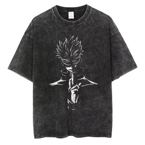เสื้อยืดโอเวอร์ไซส์สีดำลายพิมพ์ตัวการ์ตูนอนิเมะ แขนสั้น คอกลม สไตล์สตรีท ผ้าฝ้ายฟอกสี - Product Image 5
