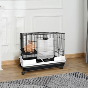 Black 2-Level Rabbit Hutch with <b>Wheels</b> for <b>Small</b> Animals Pet Cage for Bunny Chinchillas Ferrets - Product Image 2