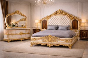 Ensemble de meubles de chambre à coucher de style Birmingham en or antique, lit double en teck exclusif avec commode, finition dorée de luxe, ensemble de lit UK - Product Image 4