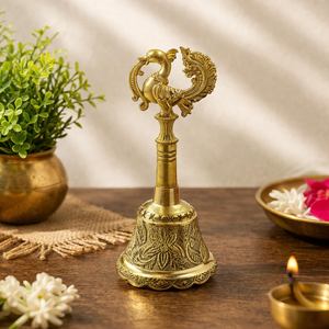 Antique finish brass hand bell featuring ornate floral carvings and layered finial, available at wholesale prices. - Product Image 6