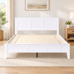 TECHCENTIAL K2543 Cadre de lit Queen en MDF blanc avec 12 lattes de support intégrées, pied de lit discret, aucun sommier tapissier nécessaire, démontable - Product Image 1