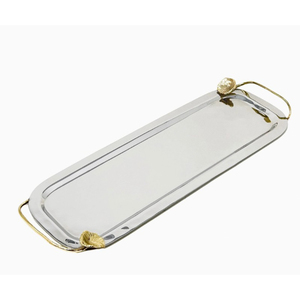 Vintage Style Stainless Steel <b>Serving</b> <b>Tray</b> With <b>Gold</b> Leaf Handles Perfect For Home Decor & Dining Tableware At Lowest Price - Product Image 1