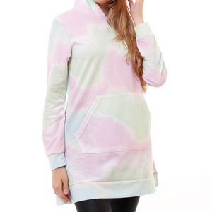 Robe sweat à capuche tie-dye pour femme, manches longues, coupe oversize, en coton tricoté avec poches, design asymétrique, idéale pour le printemps - Product Image 1