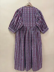 <b>Boho</b> Style Striped Hand Block Print Cotton Midi <b>Dress</b> With Tie-Neck Short Sleeve <b>Summer</b> Casual <b>Dress</b> For Women - Product Image 4