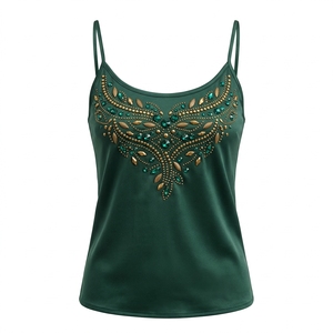 Débardeur en satin de soie vert émeraude, brodé de perles, col rond, élégant, à fines bretelles, pour femme - Product Image 1