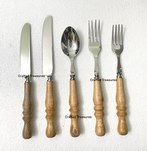 Ensemble de couverts élégants et écologiques avec manches en bois durables, ustensiles de cuisine en acier inoxydable, vaisselle de table pour la maison - Product Image 5