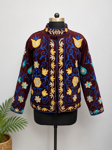 Elegant Embroidered Velvet Jacket With Mandarin Collar Floral Pattern Autumn Women's Short Coat Full Sleeve Polyester <b>Material</b> - Product Image 1
