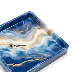 Luxury Square Blue Resin Storage <b>Tray</b> Gold Vein Ocean Marble Effect Decorative Platter for Coffee <b>Table</b> & Modern Home Decor - Product Image 2