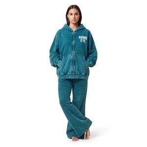 Conjunto de dos piezas para mujer: Sudadera con capucha de cremallera completa con lavado ácido y efecto desgastado, y jogger de pierna ancha acampanada de algodón polar, estilo streetwear. - Product Image 6