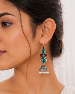 Oxidized <b>Silver</b> Multi Color Gemstone Indian <b>Dangle</b> Jhumka <b>Earrings</b> for Women Bulk Supplier - Product Image 2