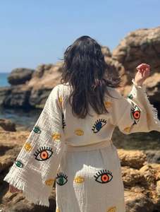 Túnica de Algodón Blanca con Bordado de Ojo Turco, Kaftán Largo de Playa con Diseño de Ojo Malvado para Mujer, Kimono Largo, Lo Mejor en Prendas de Vestir - Product Image 5