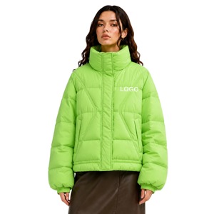Women's Embroidered <b>Quilted</b> Puffer Jacket Solid Color Green Hooded Full Sleeve Thick <b>Winter</b> Coat Cotton Zipper Front Logo - Product Image 1