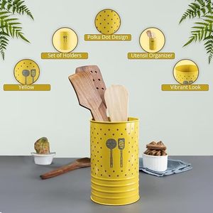 Support de rangement cylindrique en métal jaune à pois pour ustensiles de cuisine, avec design cuillère et spatule, pour gadgets de cuisine - Product Image 3