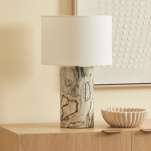 Luxury White Marble Table Lamp With Hand <b>Chiseled</b> <b>Stone</b> Top Artistic Craftsmanship Premium Fabric Shade Soft Ambient Lighting - Product Image 4