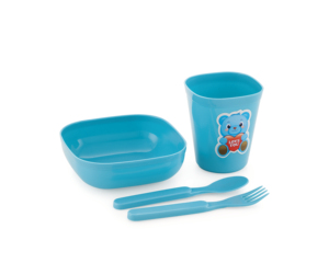 Kids Plastic <b>Dish</b> <b>Set</b> With Bowl Cup Spoon And Fork Cute Cartoon Bear Design Bpa Free Blue - Product Image 1