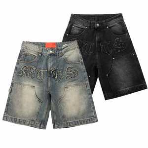 Pantalones Cortos de Mezclilla Azul Lavado con Parches Bordados y Logotipo Personalizado, Bolsillos Dobles en la Rodilla, Estilo Cargo, Streetwear - Product Image 1