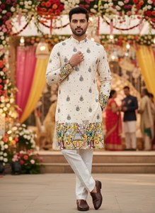 Ensemble Kurta en coton pour homme avec imprimé éléphant, pantalon blanc coupe droite longueur cheville, tenue traditionnelle indienne pour mariage - Product Image 3