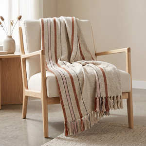 50x60 Inch Vintage Block Striped Slub Cotton Throw <b>Blanket</b> Handloom <b>Woven</b> Boho Sofa Cover Throws - Product Image 1