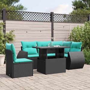 Juego de sofás de jardín de ratán sintético negro de 6 piezas con cojines, muebles de exterior de estilo contemporáneo - Product Image 1