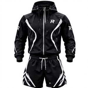 Men <b>Black</b> Solid Hooded Lightweight Tracksuit Full Sleeve Zipper Front Quick Dry Sporty <b>Shorts</b> Set Regular Fit Autumn Wear - Product Image 2
