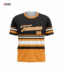 Camiseta de Manga Corta Tejida para Hombre, Color Negro Sólido, Amarillo Dorado y Blanco, con Estampado del Nombre del Equipo, Cuello Redondo, Corte Regular, Formal - Product Image 1