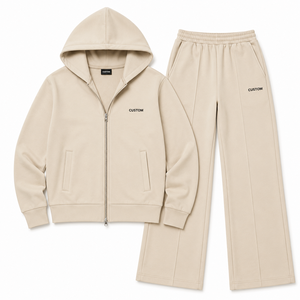 Ensemble de survêtement pour femme avec veste zippée intégrale à logo personnalisé, pantalon de jogging beige à jambes larges, col montant décontracté en polaire, deux pièces, fabrication usine - Product Image 3