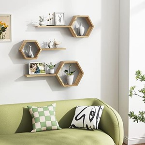 Teak Wood Floating <b>Shelf</b> Honey Gold <b>Hexagon</b> Curved Edge Wholesale - Product Image 1