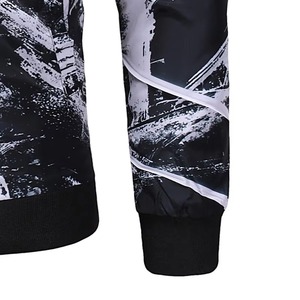Men's Slim Fit Bomber <b>Jacket</b> Black White Hand Painted Print Zipper Closure Casual Spring Outerwear Polyester Material - Product Image 2